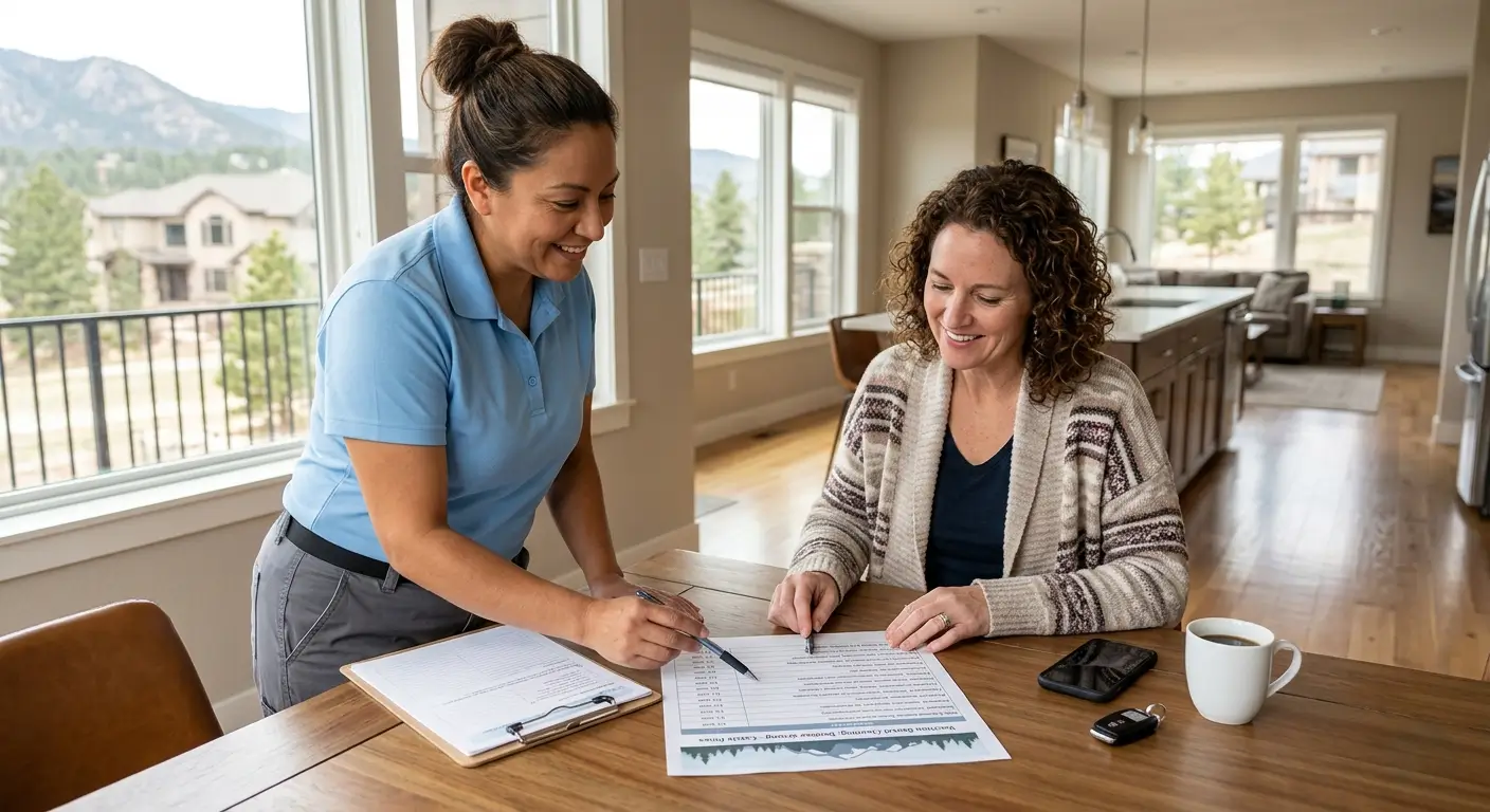 CR Maids crew member reviewing a flat-rate vacation rental cleaning pricing sheet with a Castle Pines host before a scheduled turnover visit