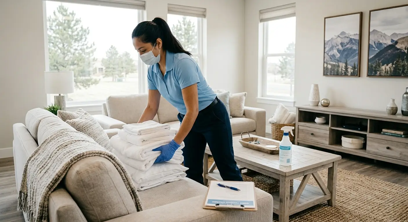 CR Maids vacation rental cleaning service crew completing a same-day turnover in a Castle Pines short-term rental with fresh linens and staged living room