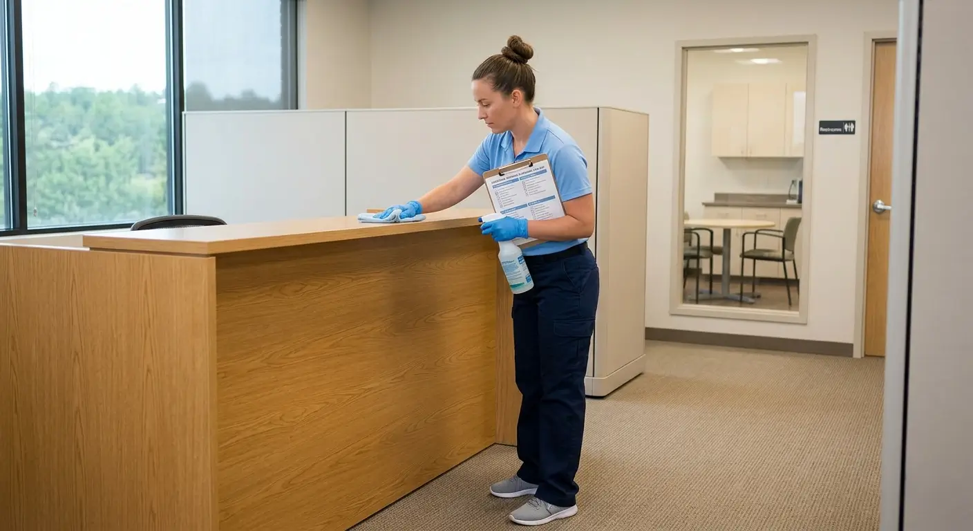 CR Maids crew working through a documented commercial cleaning task list in a Castle Pines professional office covering restrooms break room and reception zones