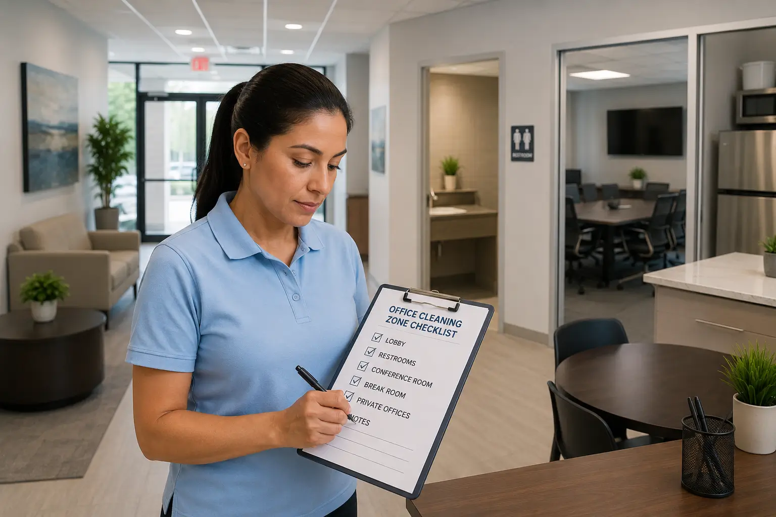 CR Maids crew working through a professional office cleaning checklist in a Castle Pines workspace covering lobby restroom conference room and break room zones