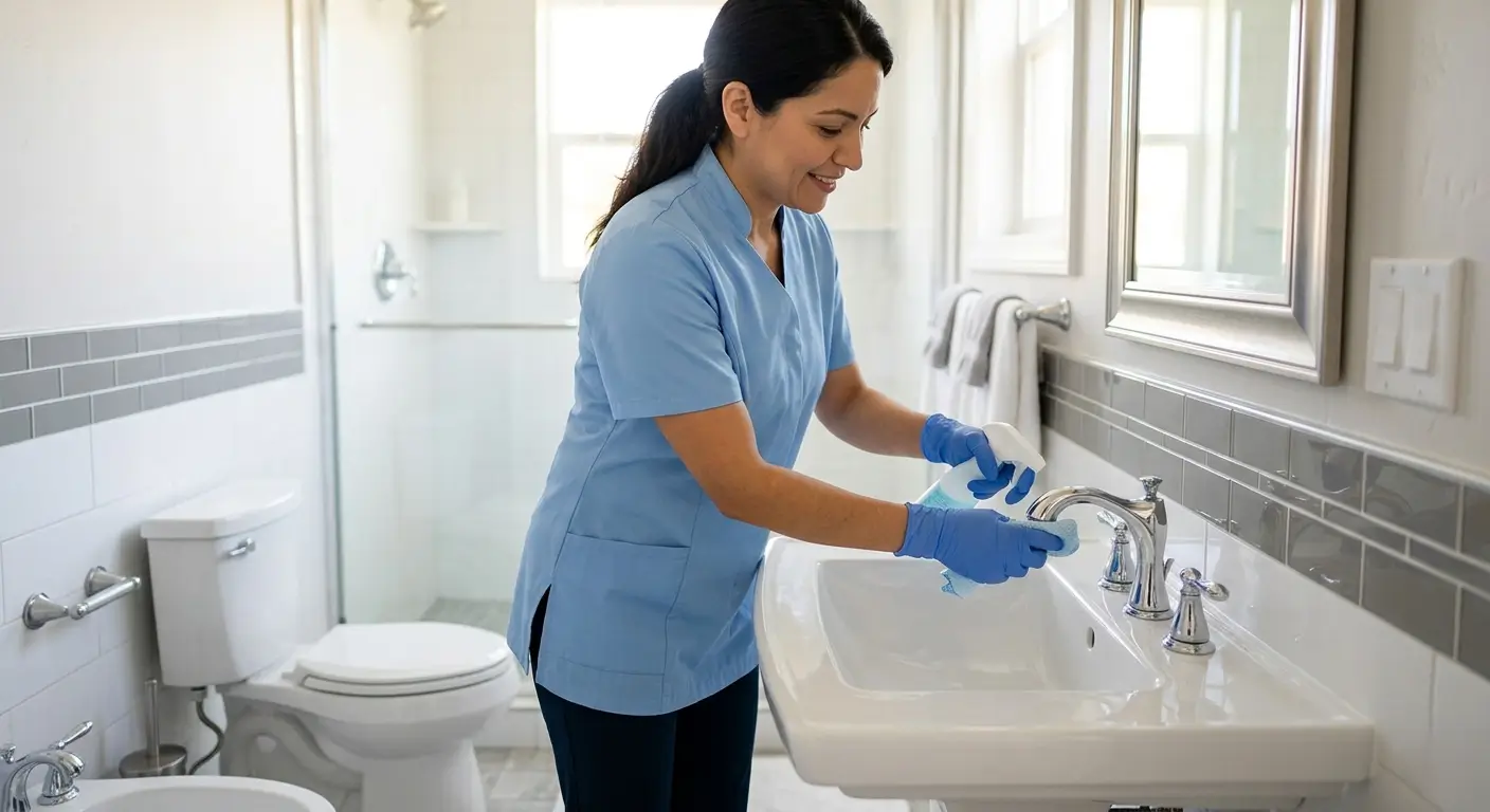 CR Maids crew sanitizing high-touch surfaces in a Castle Pines vacation rental bathroom including faucet handles toilet and light switches