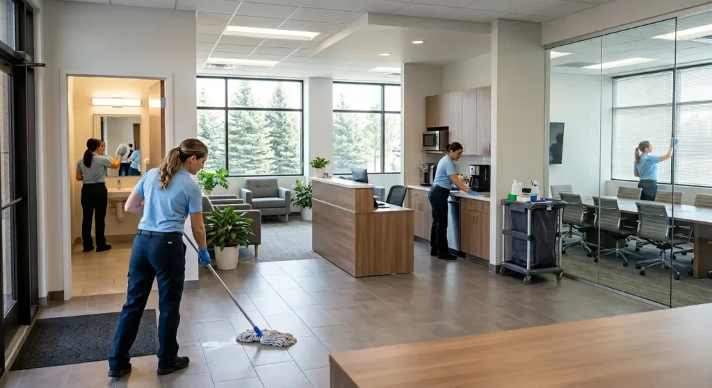 CR Maids crew cleaning the five non-negotiable commercial space zones in a Castle Pines professional office including restroom reception break room and conference room