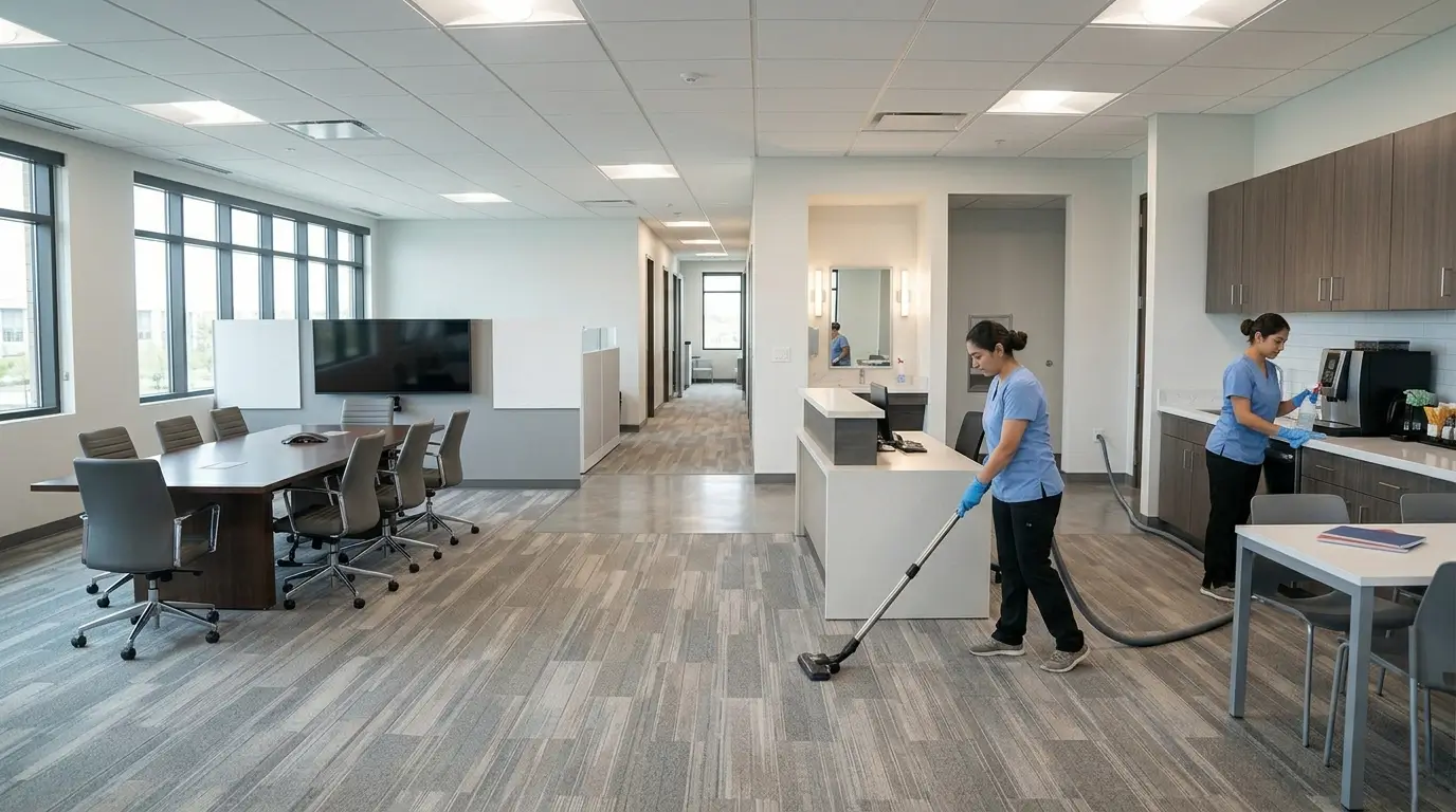 CR Maids crew cleaning the five non-negotiable commercial space zones in a Castle Pines professional office including restroom reception break room and conference room