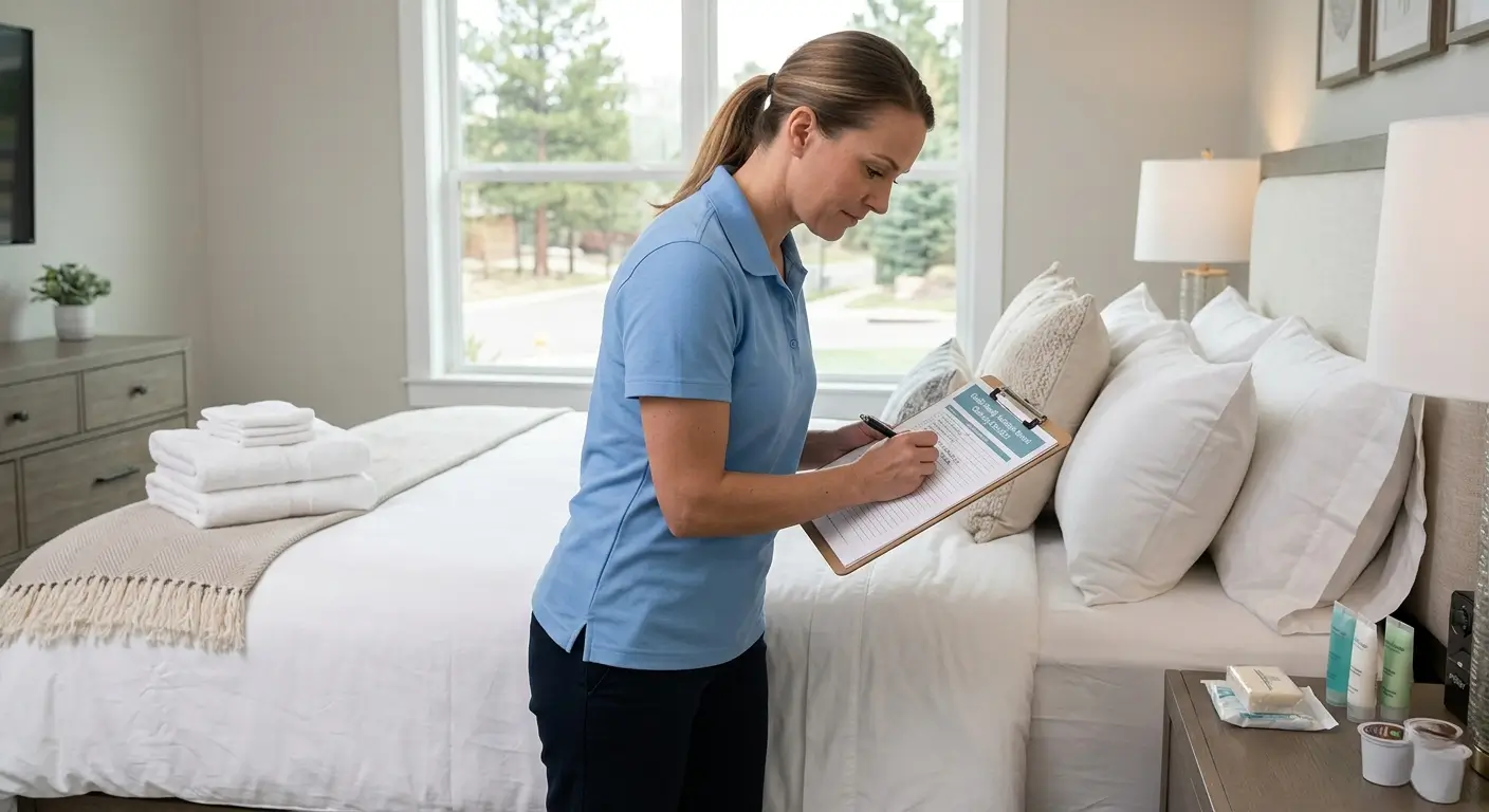 CR Maids crew completing a guest-ready vacation rental cleaning checklist in a Castle Pines property with staged linens and restocked amenities