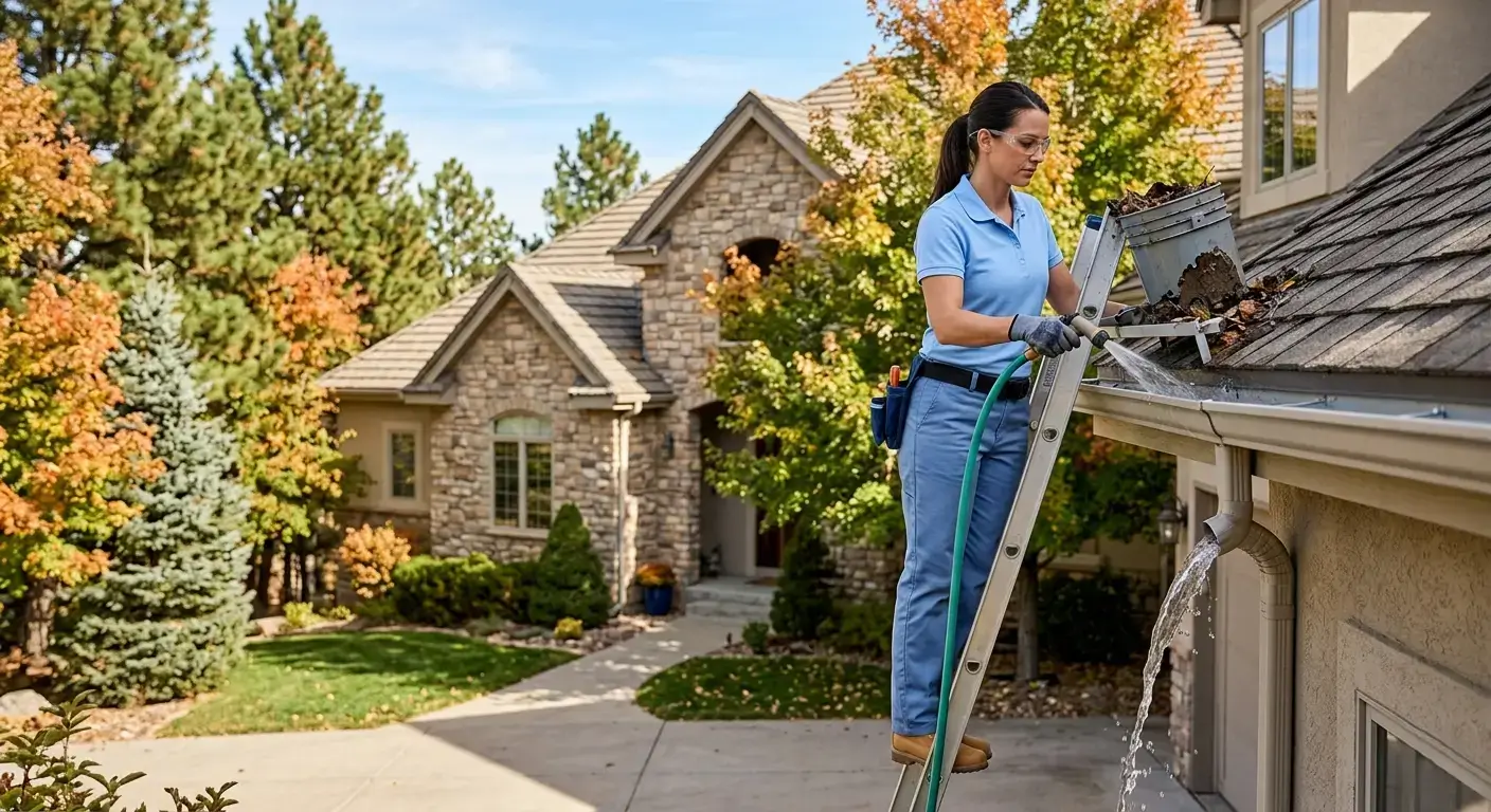 CR Maids crew completing a full gutter cleaning visit at a Castle Pines home covering debris removal downspout flushing flow testing and post-clean inspection
