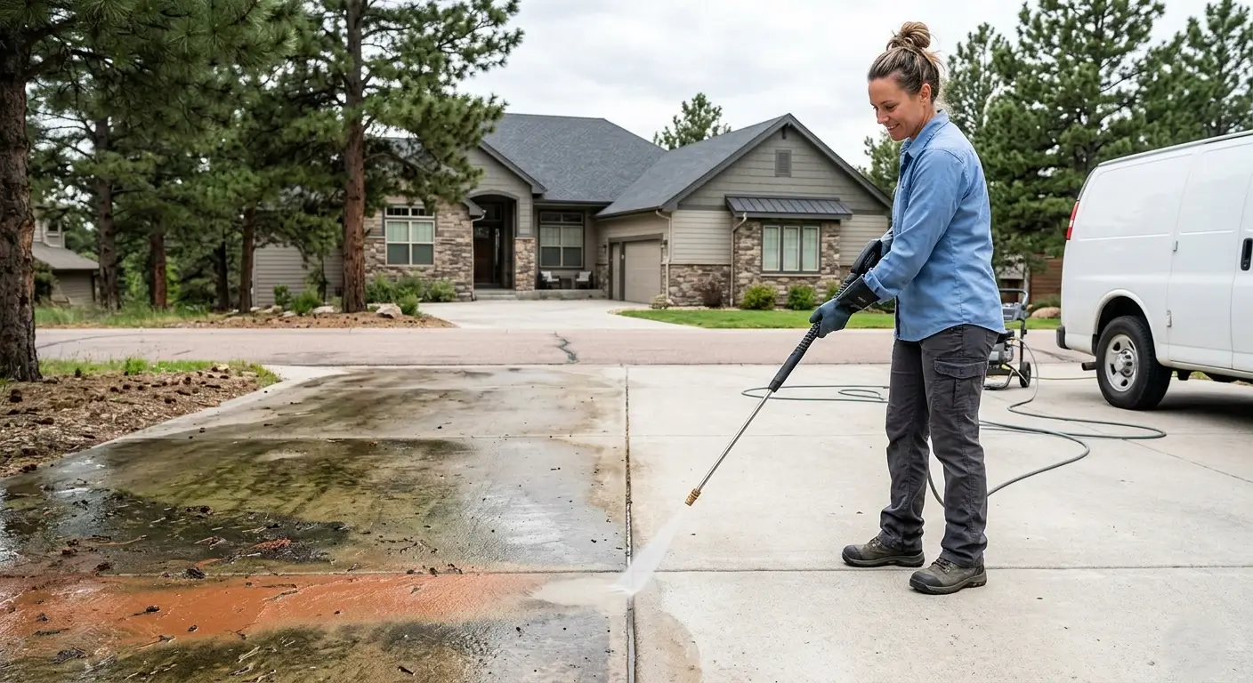 what-does-power-washing-do-for-your-home.webp CR Maids crew showing before and after results of power washing a Castle Pines driveway removing pine sap algae and clay soil staining