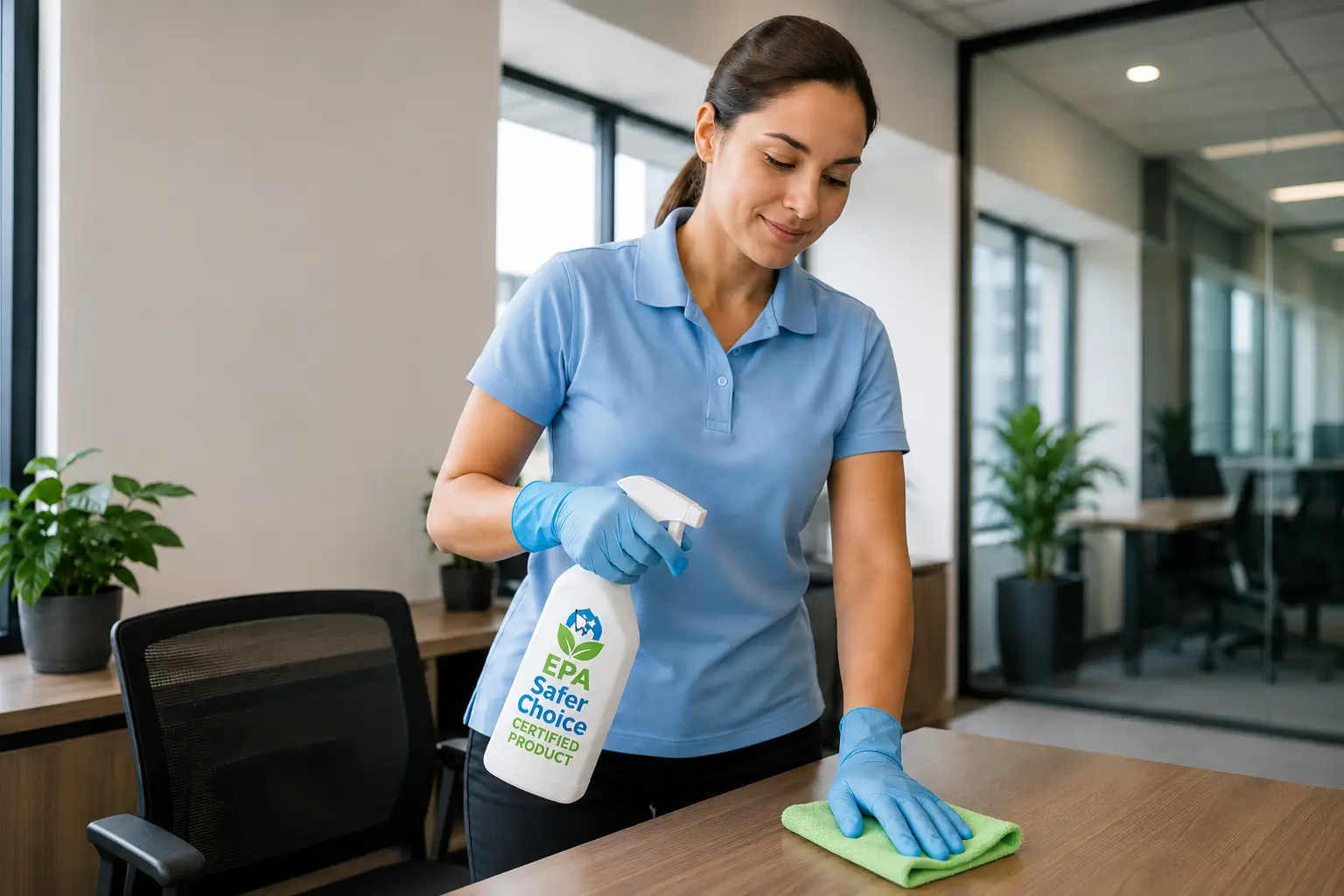 CR Maids crew applying EPA Safer Choice certified products during an eco-friendly commercial cleaning visit in a Castle Pines professional office space