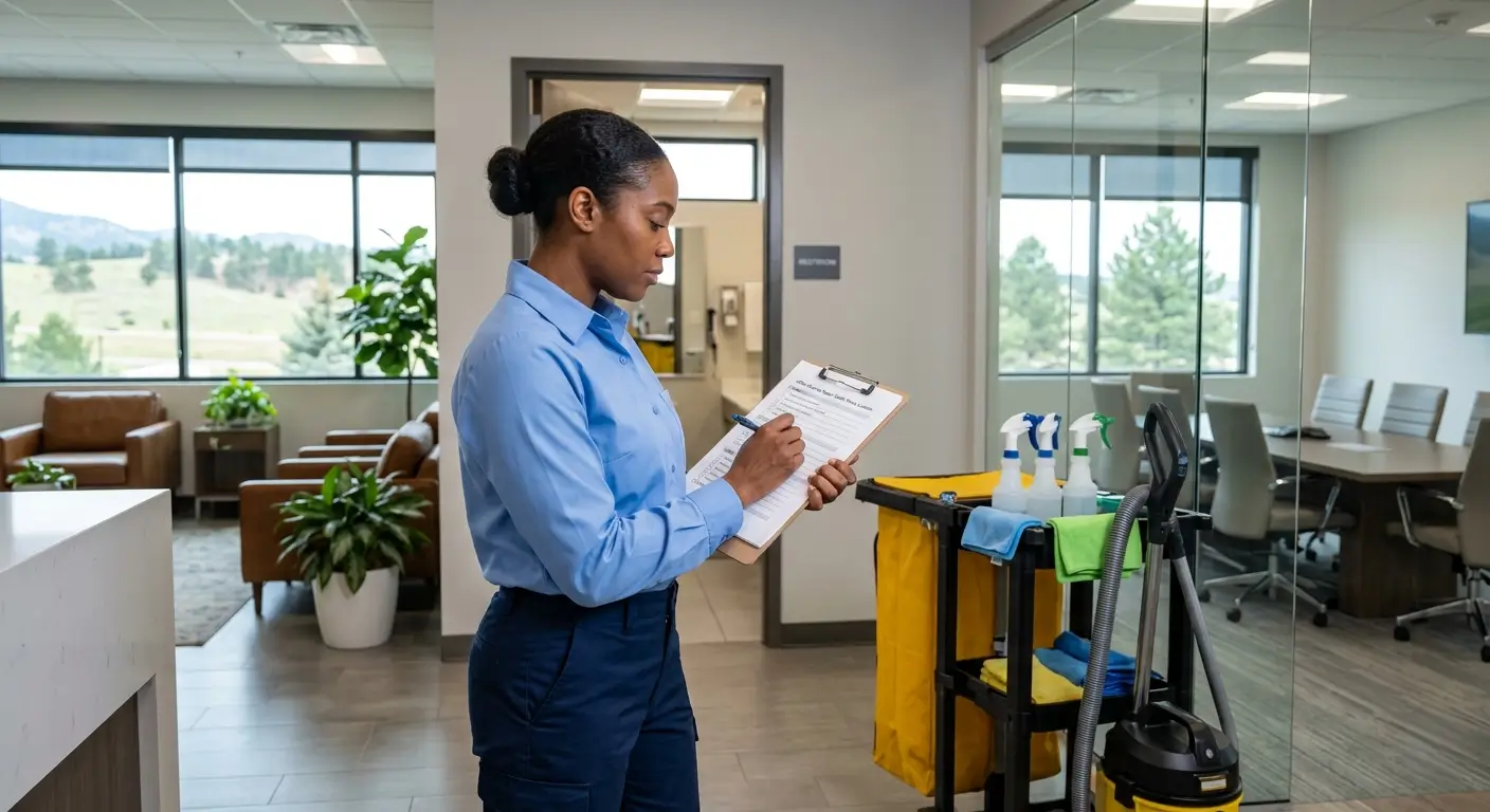 what-is-included-in-office-cleaning-services-castle-pines.webp CR Maids crew working through a documented office cleaning checklist in a Castle Pines professional workspace covering lobby restroom and conference room zones
