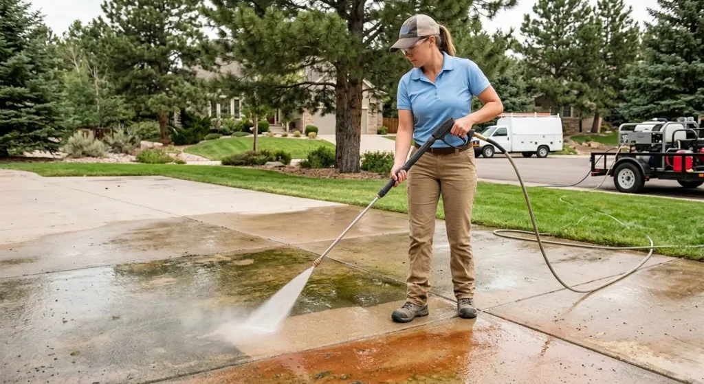 CR Maids crew demonstrating what is power washing on a Castle Pines driveway using hot water and high pressure to remove pine sap and algae staining