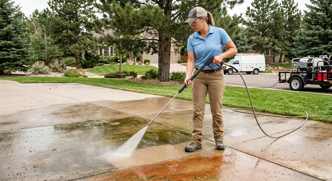 CR Maids crew demonstrating what is power washing on a Castle Pines driveway using hot water and high pressure to remove pine sap and algae staining