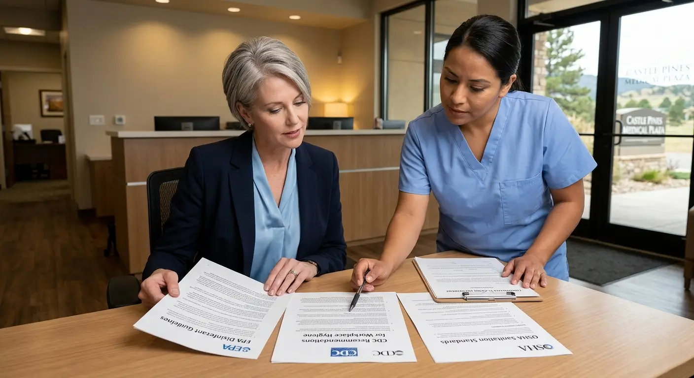 Castle Pines business owner reviewing EPA CDC and OSHA sanitization standards with a CR Maids crew member before signing a commercial cleaning agreement