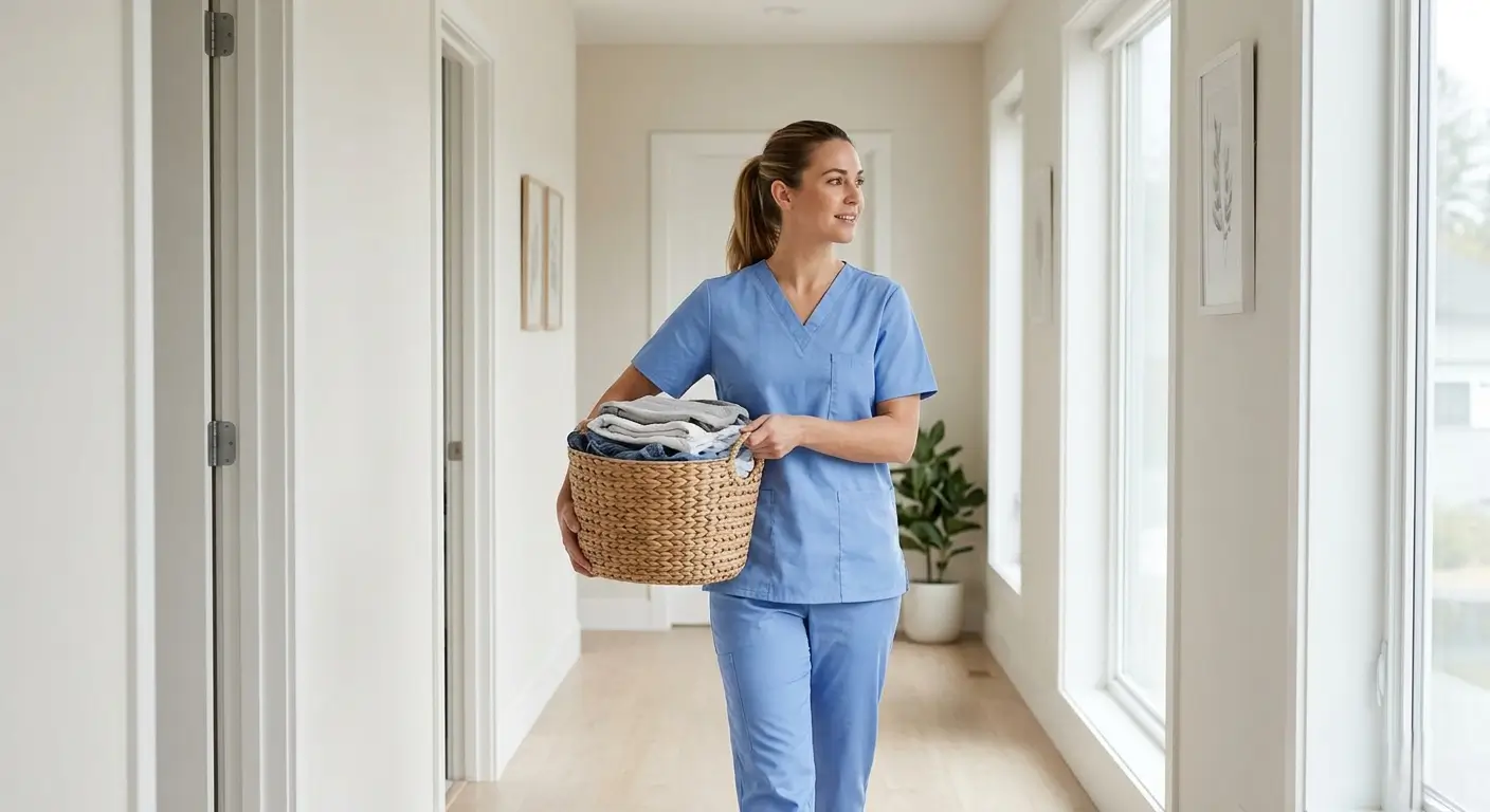 Woman in light blue uniform carrying a laundry basket through a bright residential hallway during a scheduled home helper visit