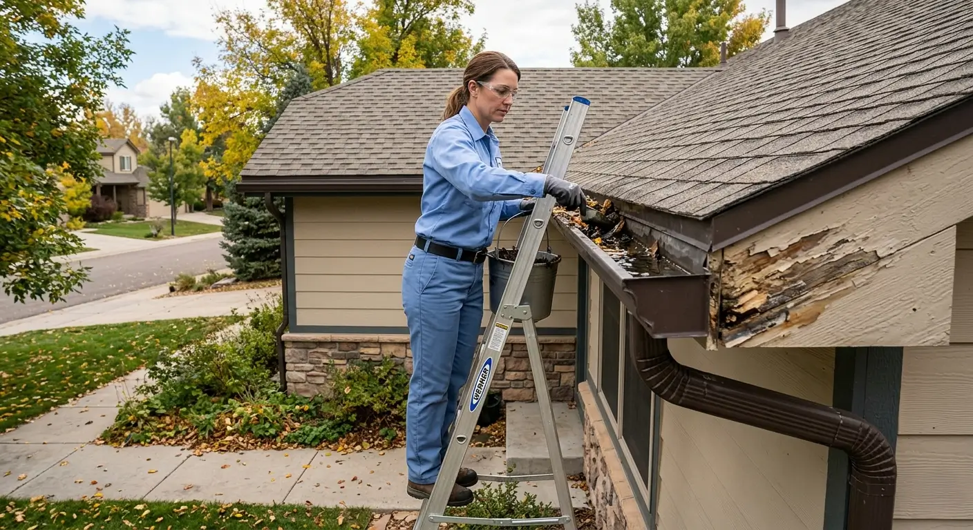 CR Maids crew cleaning gutters at a Castle Pines home showing water overflow damage to fascia boards caused by blocked gutters left uncleaned