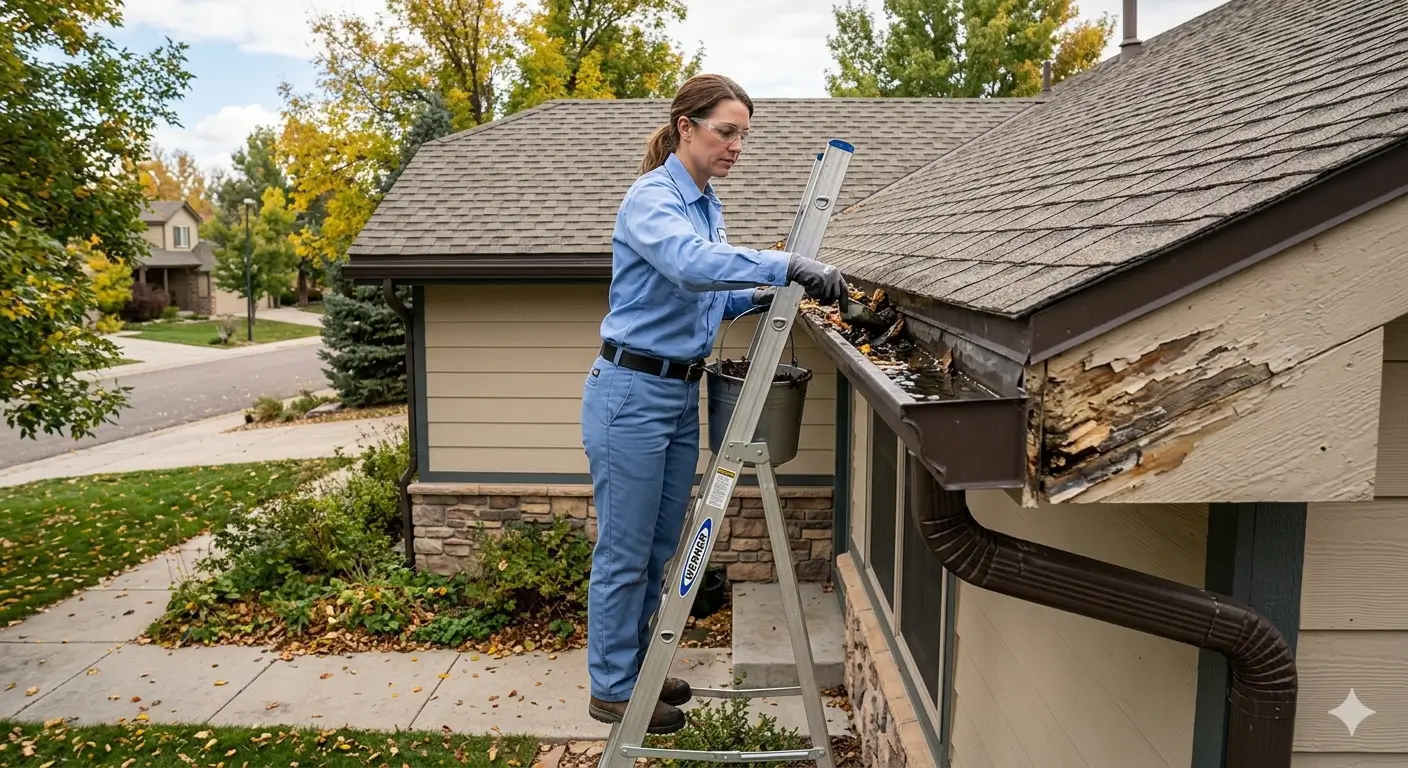 CR Maids crew cleaning gutters at a Castle Pines home showing water overflow damage to fascia boards caused by blocked gutters left uncleaned