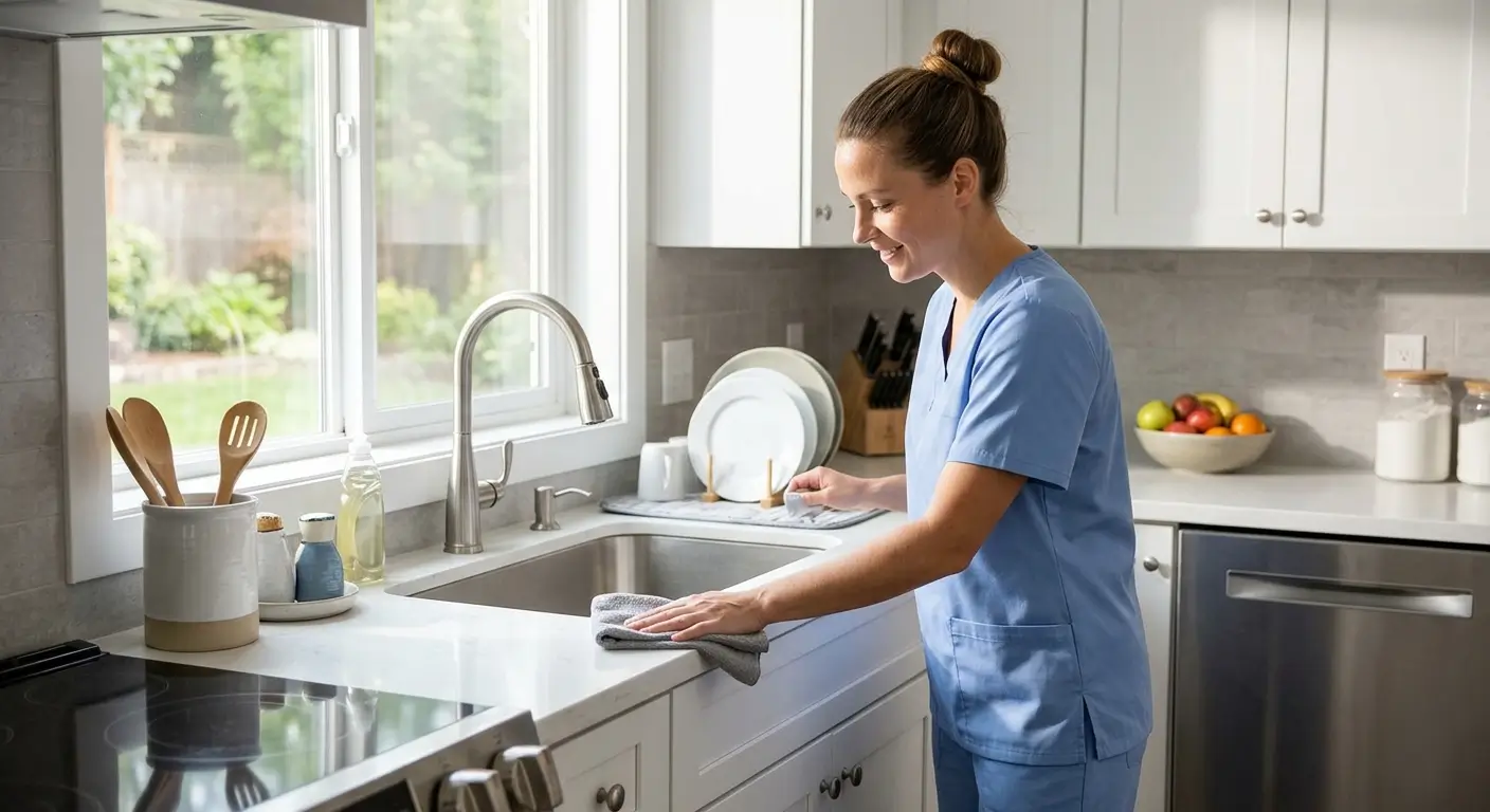 Woman in light blue uniform tidying a kitchen countertop during a scheduled home helper visit