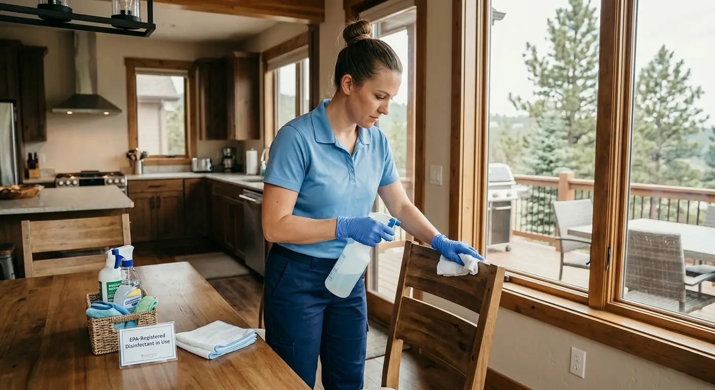 CR Maids crew applying EPA-registered disinfectant during a Castle Pines vacation rental turnover to protect guest health and maintain 5-star ratings