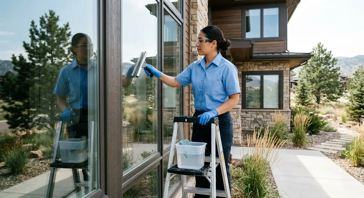 CR Maids crew completing professional window cleaning at a Castle Pines home cleaning both interior and exterior panes streak-free