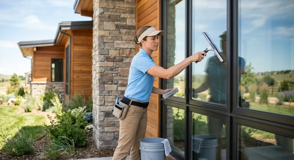 Woman in light blue uniform cleaning exterior windows on a Castle Rock home during a scheduled professional window cleaning visit